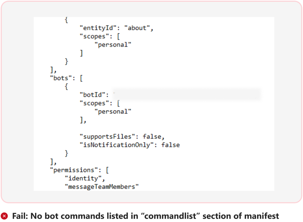 Graphic shows an example of bot commands not listed in the app manifest.
