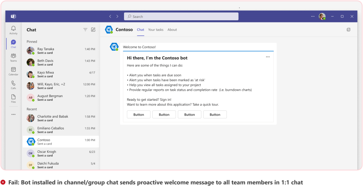 Graphic shows an example of bot sending proactive welcome message to all the team members.