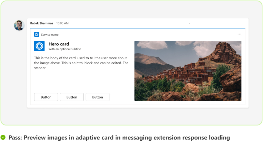 Graphic shows an example of preview image loading in adaptive card.