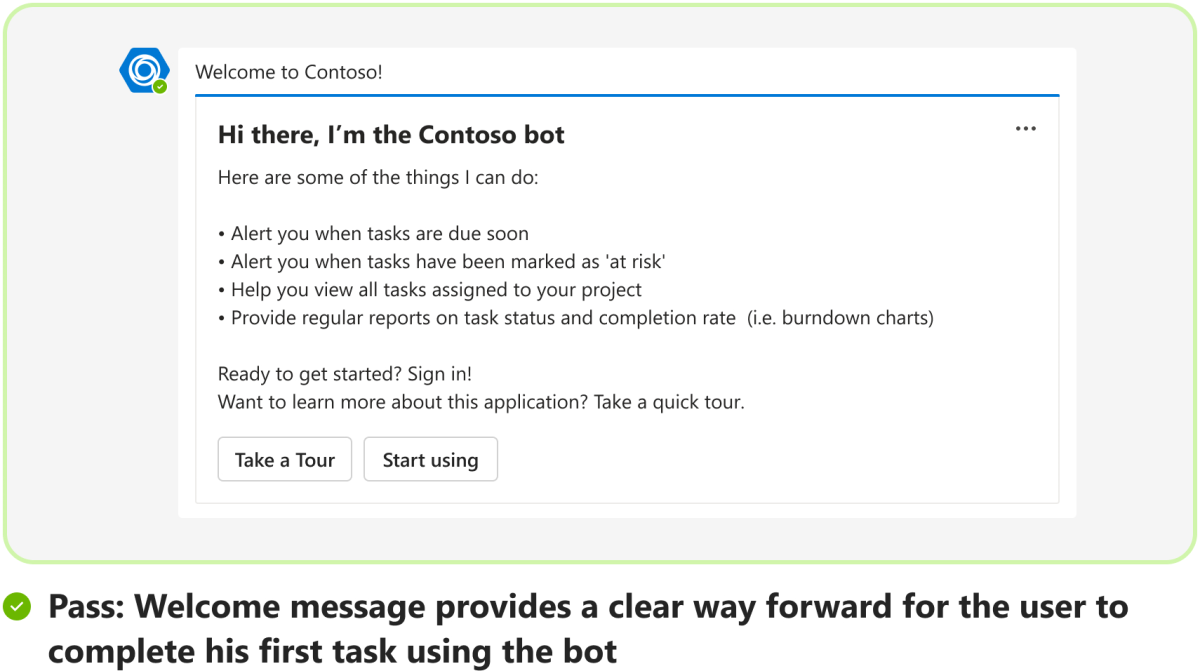 Graphic shows an example of bot welcome message with a clear way forward for the user to complete the task.