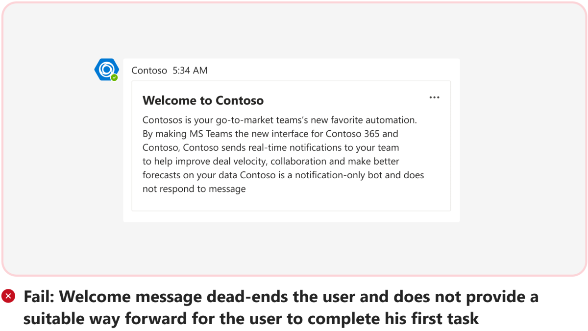 Graphic shows an example of a failed scenario where the bot has no way forward for the user in a welcome message.