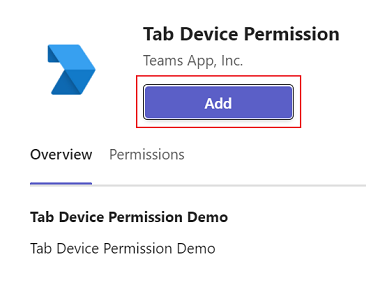 Screenshot shows the add tab device permission