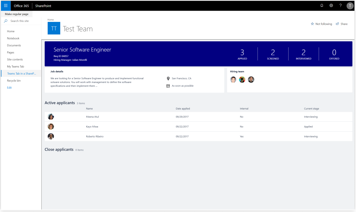 Screenshot shows the Teams app in SharePoint.