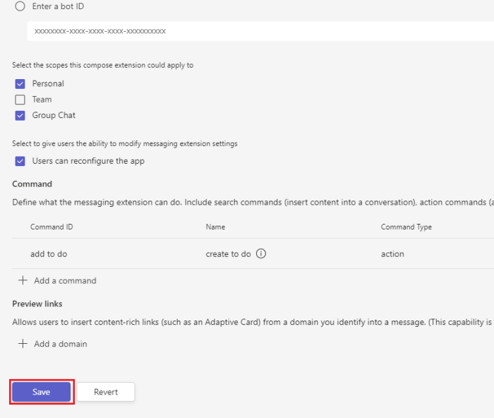 Screenshot shows how to save all your setting and parameters for your message extension.