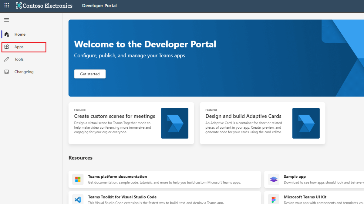 The screenshot is an example that shows the Developer Portal for Teams home page.