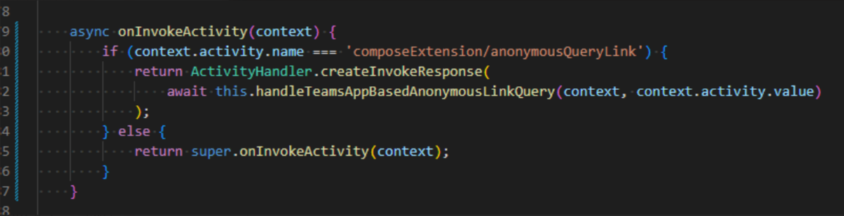 Screenshot of the invoke request  `composeExtensions/anonymousQueryLink` declaration in the manifest.
