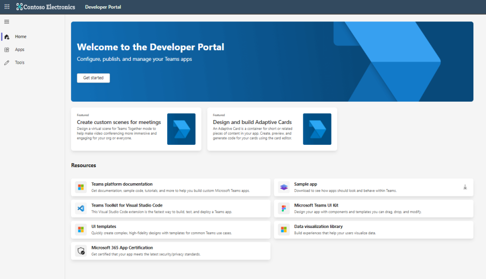 The screenshot is an example that shows the home page of the Developer Portal for Teams.