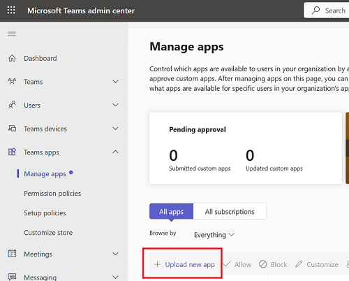 Screenshot of Teams admin center and where to upload custom apps