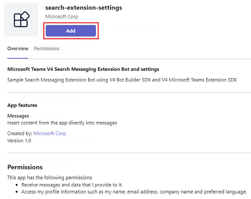 Screenshot of Search Messaging Extension in Teams with the Add option highlighted in red.