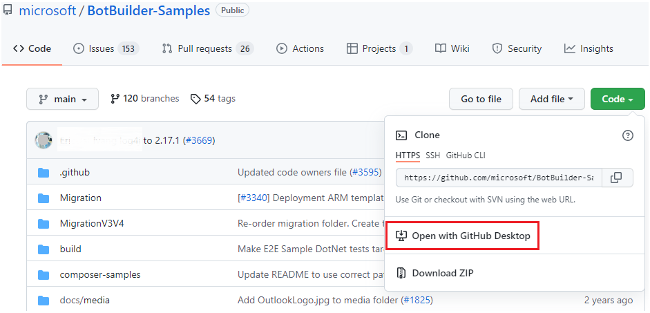 Screenshot of GitHub web page. The option titled Open with GitHub Desktop under Code dropdown menu is highlighted in red.