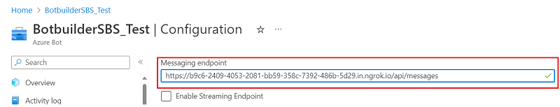 Screenshot of Azure bot Configuration page. The Messaging endpoint with the ngork URL highlighted in red.