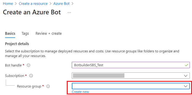 Screenshot of Create an Azure Bot with the Resource group option highlighted in red.