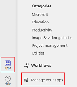 Screenshot shows the manage your apps option in Teams.