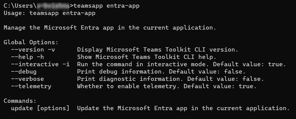 Screenshot shows the teamsapp entra-app command.