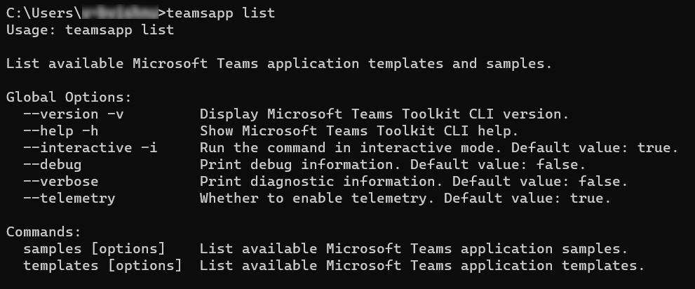 Screenshot shows the teamsapp list commands.