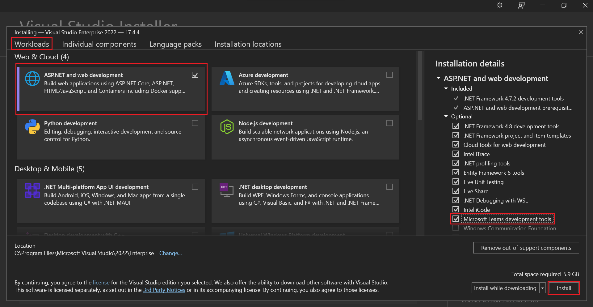 Screenshot shows how to install Visual studio.