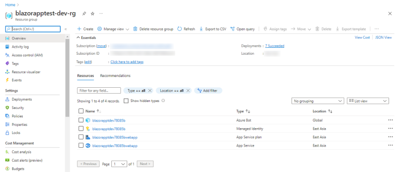 Screenshot of Blazorapp-dev-rg displaying the Resources provisioned in the Azure portal.
