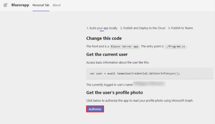 Screenshot shows the authorize option in the personal tab of your app in Teams.