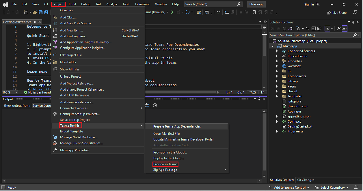 Screenshot shows Visual Studio with Project, Teams Toolkit and Preview in Teams options.