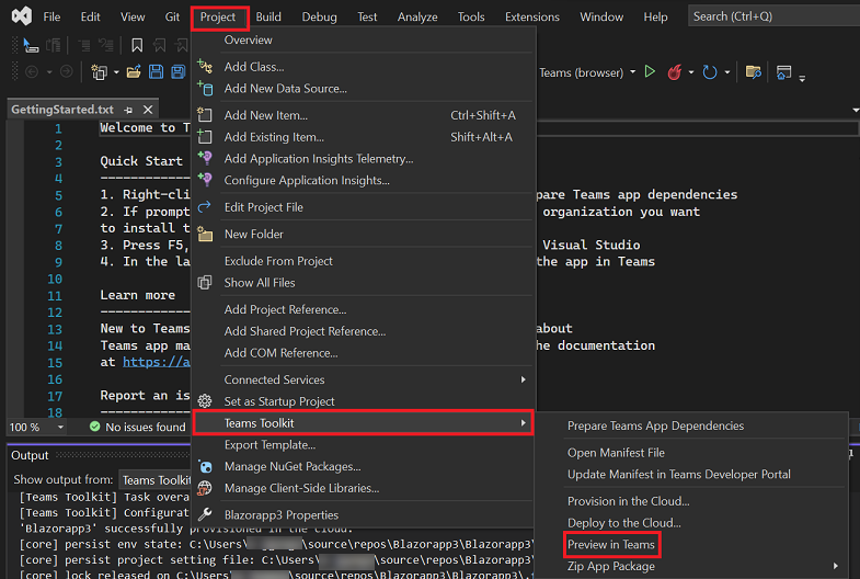 Screenshot shows Visual Studio with Project, Teams Toolkit, and Preview in Teams options.