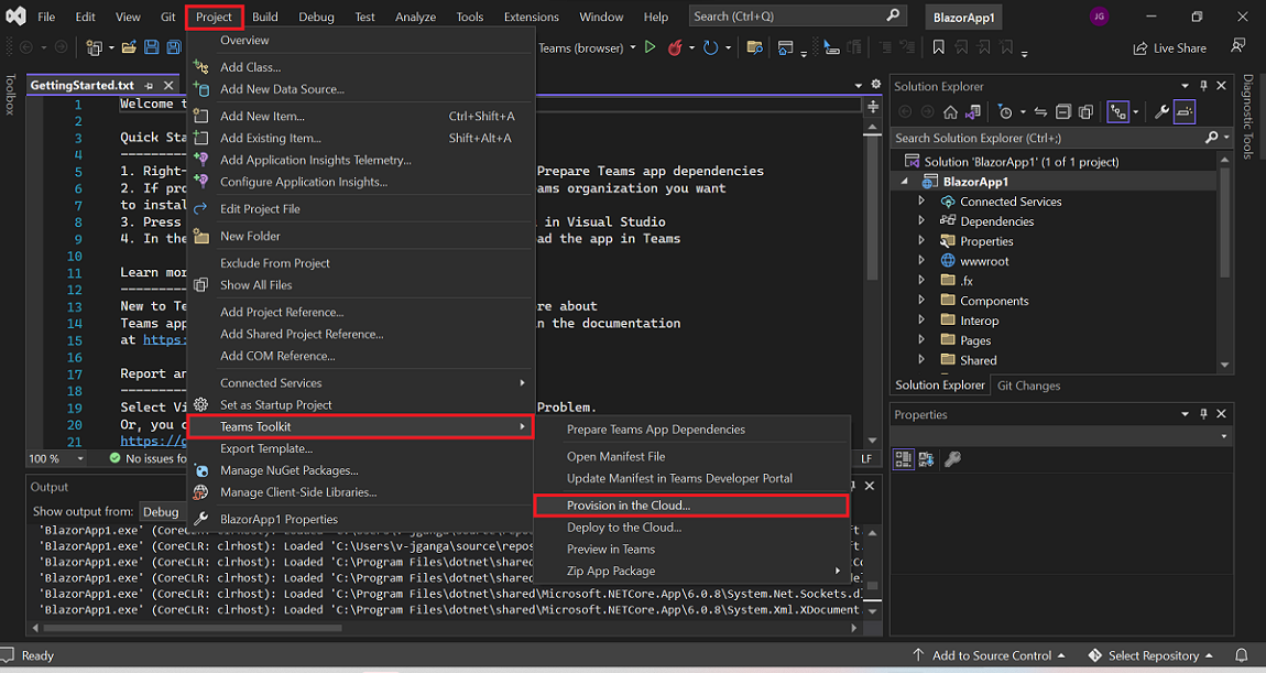 Screenshot of Visual Studio with Project, Teams Toolkit, and Provision in the Cloud options are highlighted in red.