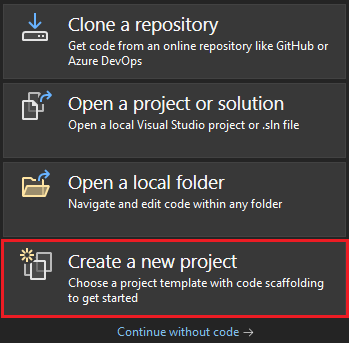 Screenshot shows Visual Studio 2022 with Create a new project.