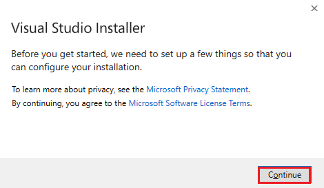 Screenshot of Visual Studio Installer with Continue option highlighted in red.