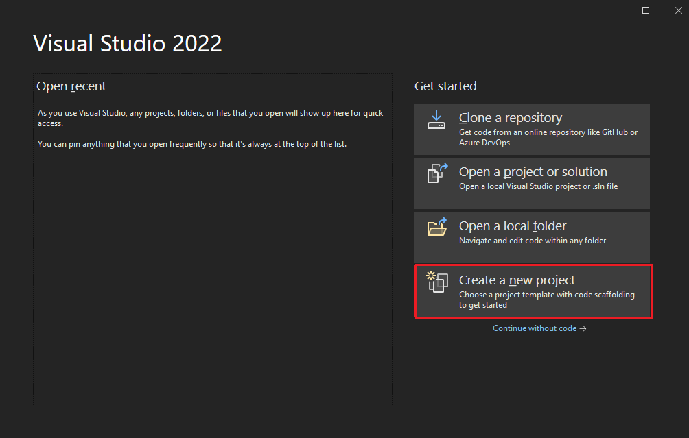 Screenshot of Visual Studio with Create a new project option highlighted in red for blazor app.