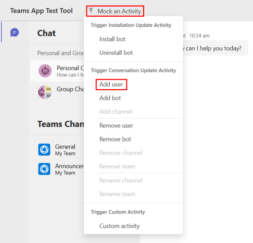 Screenshot shows the add user option under mock an activity.