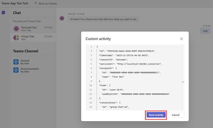 Screenshot shows the option to send activity after customization on mock activity.