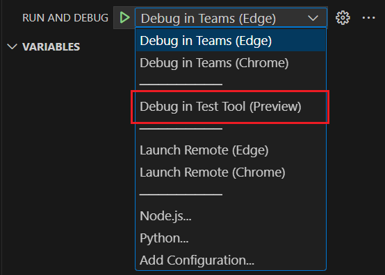 Screenshot shows the option to select debug in test tool.