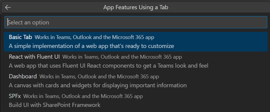Screenshot shows the option to select App Feature using a Tab as Basic Tab.
