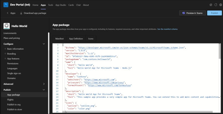 Screenshot of image showing App manifest file in Developer Portal.