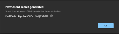 Screenshot of image showing Client secret generated.