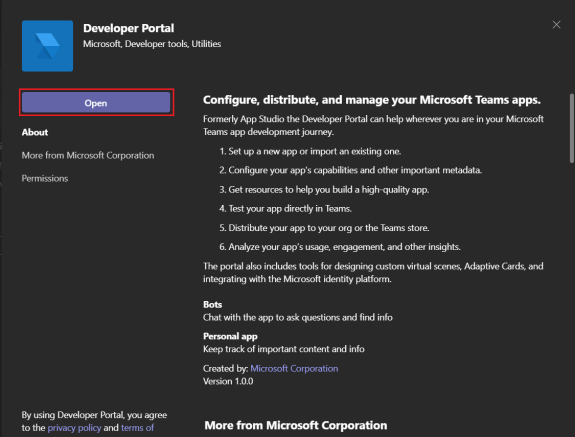 Screenshot of image showing open Developer Portal app.