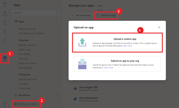 Screenshot of illustration shows the option to upload a custom app in Teams.