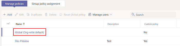 Screenshot shows the Manage policies tab with Global (Org-wide default) option highlighted.