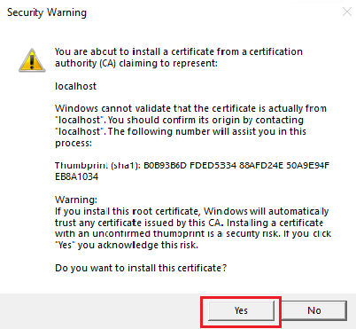 Screenshot of Security Warning with Yes option highlighted in red.
