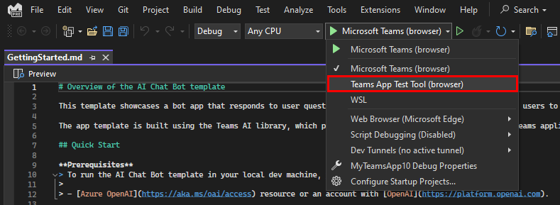 Screenshot shows the option to select the Teams app test tool from the dropdown list.