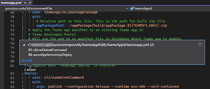 Screenshot shows the lifecycle access and access through CodeLens in teamsapp.yml file.