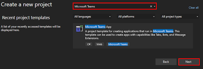 Screenshot shows the selection of templates to create a new project.