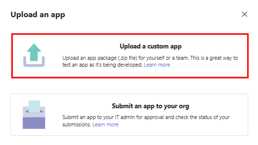 Screenshot shows the option to select upload a custom apps.