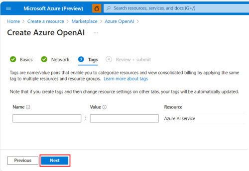 Screenshot shows the Azure open AI tags details.