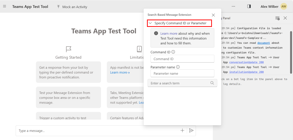 Screenshot shows the specify command ID or Parameter.