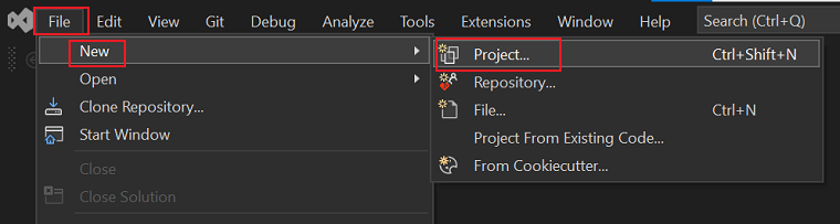 Create new project from file menu