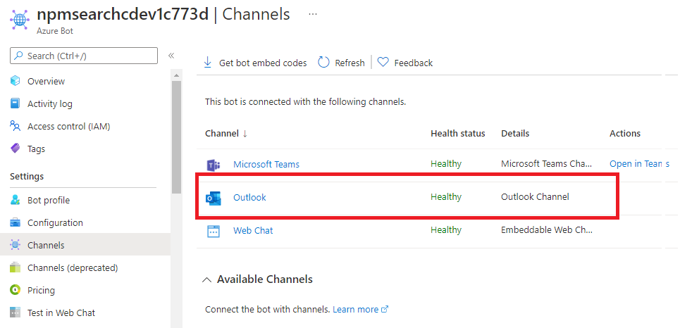 The screenshot is an example that shows the Azure Bot Channels pane listing both Teams and Outlook channels.