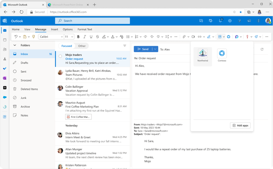 Screenshot shows the preview your message extension in Outlook on the web.