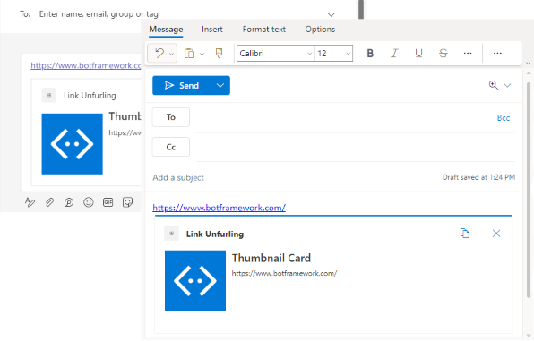 The screenshot is an example that shows Link unfurling running in Outlook and Teams.
