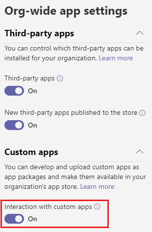 The screenshot is an example that enables sideloading for custom apps from the Teams Admin Center