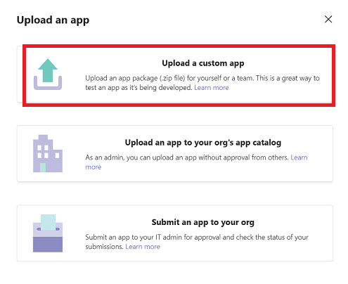 Screenshot shows the option to upload an app in Teams.